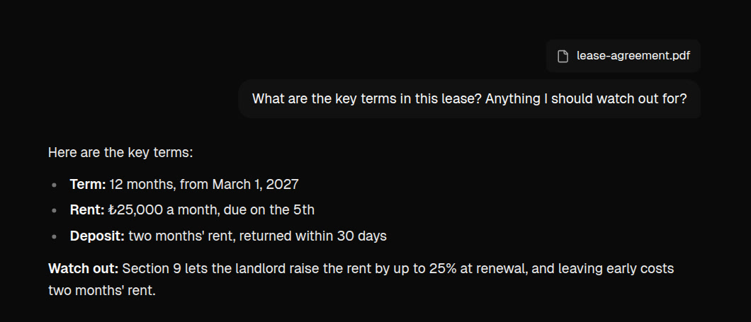 The key terms of a lease agreement, pulled out of an attached PDF